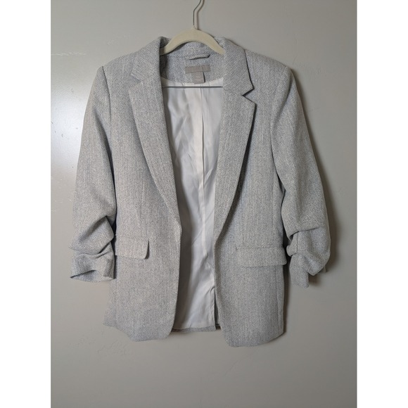 H&M Jackets & Blazers - H&M Women's Size XS Tweed Herringbone Blazer Jacket Light Gray Ruched Sleeve